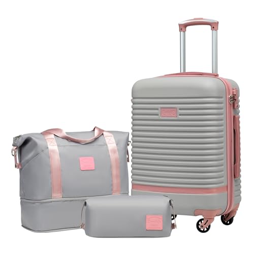 Coolife Suitcase Set 3 Piece Luggage Set Carry On Travel Luggage TSA Lock Spinner Wheels Hardshell Lightweight Luggage Set(Gray+Pink, 3 piece set (DB/TB/20)) - color: Gray+Pink, size: 3 piece set (DB/TB/20)