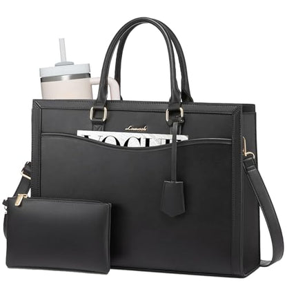 LOVEVOOK Laptop Tote Bag for Women, Leather Office Work Bag Briefcase fit for 15.6 inch Laptop, Large Teacher Computer Bag Handbag,2pcs Set Leather/Black | PU Leather Business Briefcase Teacher Travel College Bag Handbag fit for 15.6 inch Laptop, Office P