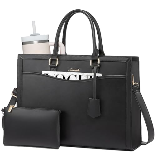 LOVEVOOK Laptop Tote Bag for Women, Leather Office Work Bag Briefcase fit for 15.6 inch Laptop, Large Teacher Computer Bag Handbag,2pcs Set Leather/Black | PU Leather Business Briefcase Teacher Travel College Bag Handbag fit for 15.6 inch Laptop, Office P