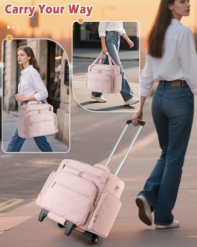 Marscamd Rolling Teacher Bag with 15.6" Laptop Compartment for Work | Multi-Slot Front Pocket, Detachable Trolley & Shoulder Straps, Water-Resistant, Women Work Briefcase Tote with Wheels (Pink)) - color: Pink