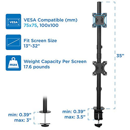 Mount-It! Vertical Dual Monitor Mount, Full Motion Dual Monitor Arm for 13–32" Screens, Heavy Duty Steel, VESA 75x75 100x100, C-Clamp or Grommet Base, Height Adjustable, Tilt Swivel Rotate, Black