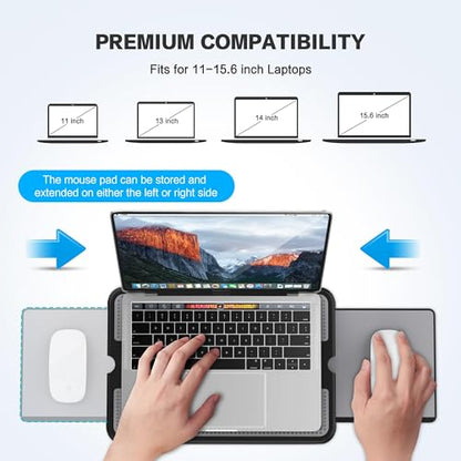 AboveTEK Portable Laptop Lap Desk w/Retractable Left/Right Mouse Pad, 2-in-1 Laptop Sleeve Case with Stand for 13-14 inch Laptops Grey