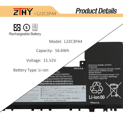 ZTHY L22M3PA4 L22L3PA4 Battery Replacement for Lenovo IdeaPad Slim 5-14ABR8 | IdeaPad Slim 5-16ABR8 5-14IAH8 5-16IAH8 5-14IRL8 5-16IRL8 Series Laptop L22C3PA4 L22B3PA4 Battery SB11N45426 11.52V 56.6Wh - size: 10.23*4.33*0.23 inch L22C3PA4