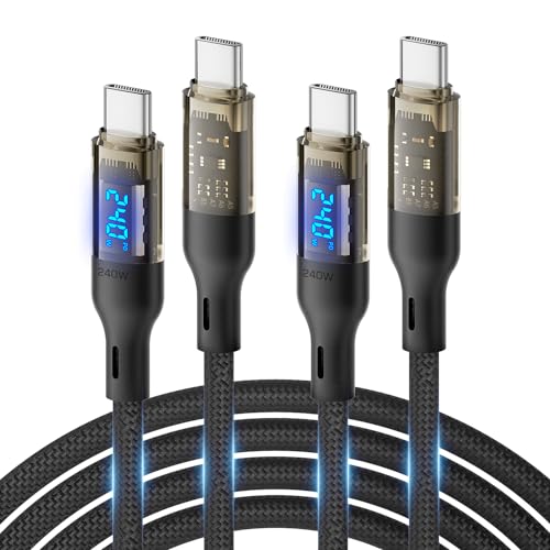 SOOPII 240W USB C to USB C Cable[10ft 2-Pack],Fast Charging USB C Cable with LED Display for MacBook Pro,lPhone16/15/15Pro/15ProMax,Galaxy S23+/S23Ultra/S22,etc,Transparent Shell,(Black) - color: Black, size: 10FT 2Pack