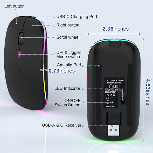 Gizdot-R1 LED Mouse for MacBook Air/iPad/Laptop, Bluetooth Rechargeable Silent Mouse with USB-C, Built-in Mouse Jiggler, 4-Mode Wireless Mouse Compatible with macOS/iOS/Windows/Android - color: Black