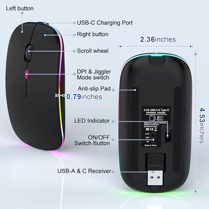 Gizdot-R1 LED Mouse for MacBook Air/iPad/Laptop, Bluetooth Rechargeable Silent Mouse with USB-C, Built-in Mouse Jiggler, 4-Mode Wireless Mouse Compatible with macOS/iOS/Windows/Android - color: Black