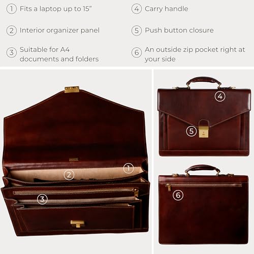 Time Resistance Leather Briefcase for Men - Business Laptop Bag - Italian Handmade Leather Bag - Attache - Gift Box Included - color: Brown