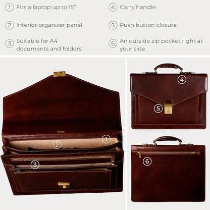 Time Resistance Leather Briefcase for Men - Business Laptop Bag - Italian Handmade Leather Bag - Attache - Gift Box Included - color: Brown