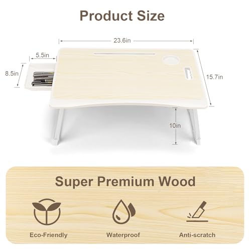 Amaredom Laptop Bed Desk Tray Bed Table, Foldable Portable Lap Desk Notebook Stand Reading Holder with Storage Drawer and Cup Holder for Eating Breakfast on Bed/Couch/Sofa-White Maple - color: White Maple