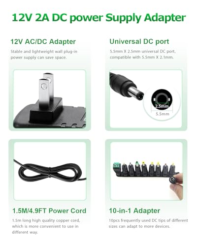 12V Power Supply 2A AC/DC Adapter 12Volt Wall Charger Replacement Power Cord AC 100V-240V to DC 12Volt 2A 1.5A 1A Converter for LED Strip Light Security Camera GPS Webcam Router with 10TIPS
