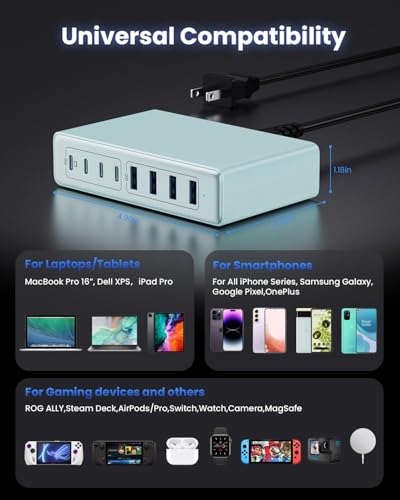 USB C Charger 200W USB C Charger Block,Upgraded GaN III 8-Port Fast Charging Station Hub,PD 65W Laptop Charging Adapter Compatible with MacBook Pro/Air,DELL,Steam Deck,iPhone 16/15/14,Galaxy S23/22 - color: Light Blue, size: 200W