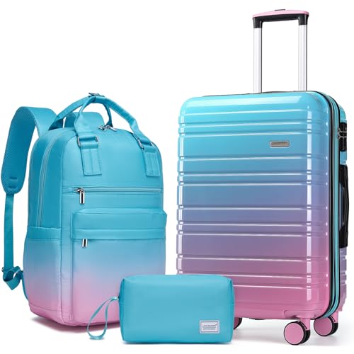 LARVENDER Carry on Luggage Sets 3 Piece, 20 Inch Suitcases, Cotton Candy | 22x14x9 Airline Approved, Gradient PC+ABS Hardshell, Smooth 360° Wheels, TSA Lock, 3-Piece Set with Color-matched Backpack - color: Cotton Candy-20BP, size: 3 Piece Set (Backpack/T