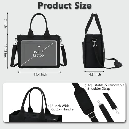 Fammart Large Canvas Tote Bag for Women with Zipper & Compartments, Crossbody Laptop Bags for Work College Travel - color: Black