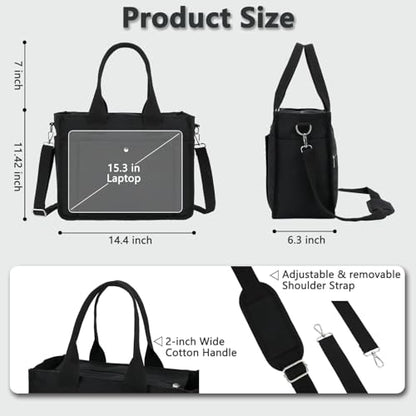 Fammart Large Canvas Tote Bag for Women with Zipper & Compartments, Crossbody Laptop Bags for Work College Travel - color: Black