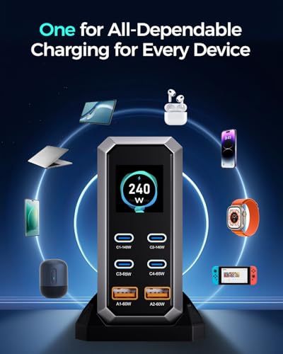 USB C Charger Block, 240W GaN USB C 6-Port Charger Station, Laptop Power PD Adapter with Touch Control and Color Display, Charging Station for MacBook, iPhone, Samsung, Laptop, iPad, Desktop, and More