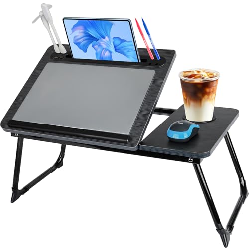 Laptop Bed Desk, Adjustable Lap Desk, Small Laptop Table with USB Charge Port, Desktop Card &Pen Slot, Cup Holder, Foldable Bed Tray Table for Couch Sofa Chair Floor Eating Working - color: Adjustable Black