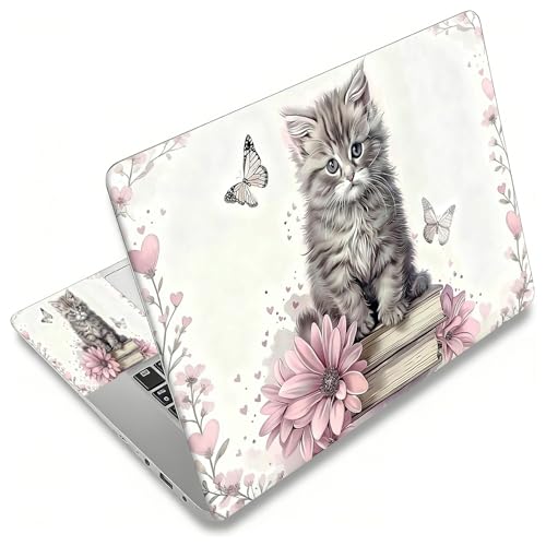 Laptop Skin Sticker Decal, Universal Reusable Vinyl Laptop Cover for 12" 13" 13.3" 14" 15" 15.4" 15.6" Notebook PC, Reusable Waterproof Scratch-Resistant with 2 Wrist Pads,Cute Cat Butterfly - color: Cute Cat Butterfly