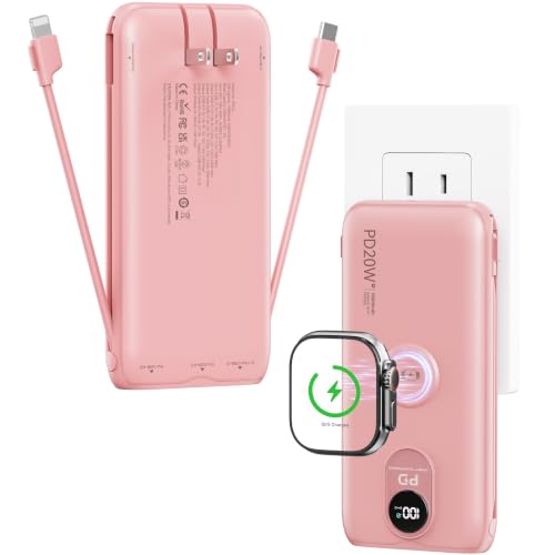 Portable Charger 10000mAh 20W, Wall Plug, 2 Cables, iWatch Charging | Digital Display, Compact Lightweight, USB C Fast Charge, USB-A 18W, Multi Protection, Travel Essential, for iPhone 17 16, Pad - color: Bloom Pink
