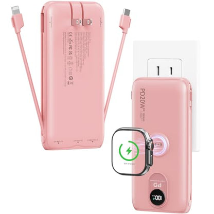 Portable Charger 10000mAh 20W, Wall Plug, 2 Cables, iWatch Charging | Digital Display, Compact Lightweight, USB C Fast Charge, USB-A 18W, Multi Protection, Travel Essential, for iPhone 17 16, Pad - color: Bloom Pink