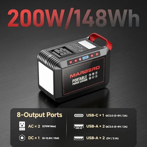 MARBERO 200W Portable Power Station 148Wh Camping Solar Generator Laptop Power Bank with AC Outlet 110V, DC, USB QC3.0, LED Flashlights for CPAP Home Outdoor Trip Emergency Backup | Power Bank with AC Outlet 110V Solar Generator with 8 Output Ports for Ca