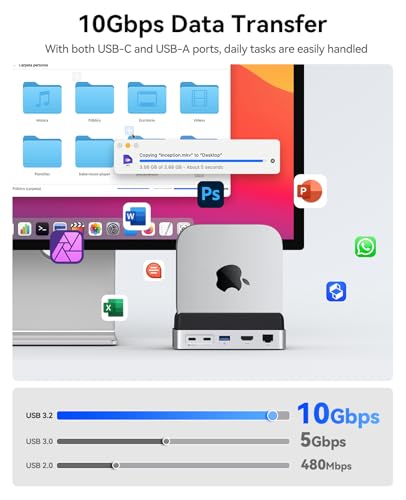 ORICO MiniDock Stand Compatibility with Mac mini M4, 10-in-1 Aluminum Hub with M.2 SSD Enclosure, 10Gbps USB-C & USB-A,5Gbps 4K HDMI, Gigabit Ethernet, SD/TF Card Readers,Type-C(PD3.0)