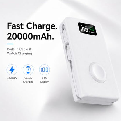 PZOZ 20000mAh Portable Charger with Apple Watch Charger, 45W PD Fast Charging Power Bank, Built-in USB-C Cable and Lightning Adapter, LED Display Portable Battery Pack for iPhone, iPad and Travel