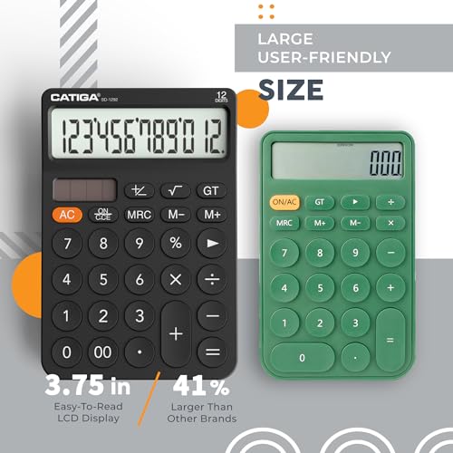 CATIGA 12 Digit Desktop Calculator with Large LCD Display, 4 Funtions Calculator, Round Design Big Button, Solar and Battery Dual Power, Standard Function for Office, Home, School, SD-1292 - color: 2.1) Black