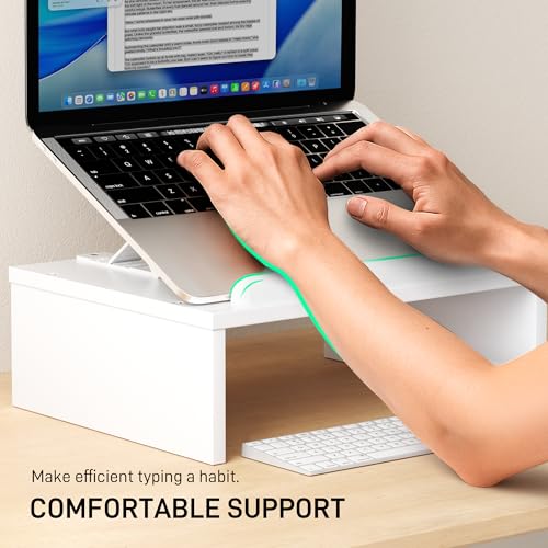 AFOOYO Adjustable Wood Laptop Stand with Storage Space - Notebook Organizer & Ergonomic Computer Riser, Wrist Rest Included, Compatible with 9.8-15'' Laptops (MacBook Air Pro/HP/Dell/Lenovo),White - color: White