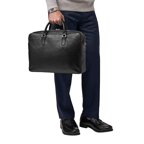 Fossil Men's Haskell or Asher Leather Messenger Briefcase Work Laptop Bag for Men - color: Asher Black Leather