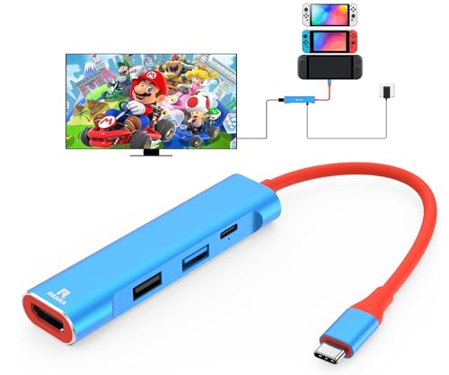 RREAKA TV Dock for Nintendo Switch 2 / Switch/Switch OLED, Portable Travel Dock Replacement with 4K@60Hz HDMI, PD 100W Charging, USB 3.0 - color: Red & Blue