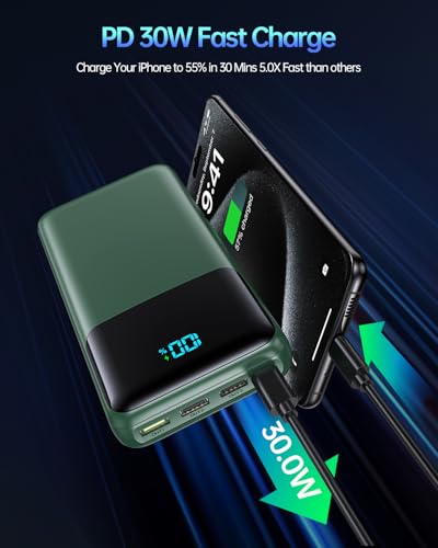 Portable Charger Power Bank 50000mAh, USB-C PD 30W Fast Charging External Battery Pack with 4 Outputs & 2 Inputs, Portable Phone Charger for iPhone 17/1615/14/13/12/11 Samsung Android (Dark Green) - color: Dark Green