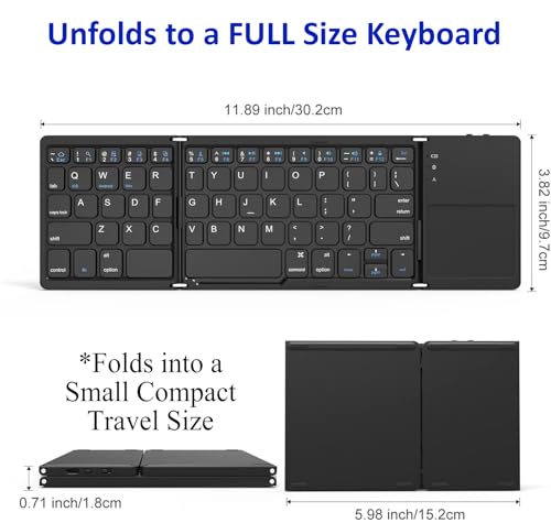 Slim Foldable Wireless Keyboard Compatible with Lenovo ThinkPad 8 64GB with TOUCHPAD Mouse Fully Universal Providing 48H Use, 560 Days Standby, Portable, Compact, Tri-Fold, Rechargeable!