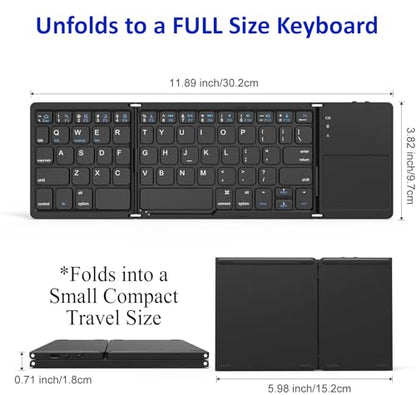 Slim Foldable Wireless Keyboard Compatible with Lenovo ThinkPad 8 64GB with TOUCHPAD Mouse Fully Universal Providing 48H Use, 560 Days Standby, Portable, Compact, Tri-Fold, Rechargeable!