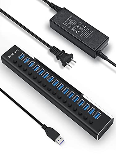 Powered USB Hub Rosonway 16 Ports 96W USB 3.0 Data Hub Aluminum USB Hub 3.0 Splitter with 12V/8A Power Adapter and Individual On/Off Switches RSH-A16 (Black) - size: 16 Ports USB 3.0 hub