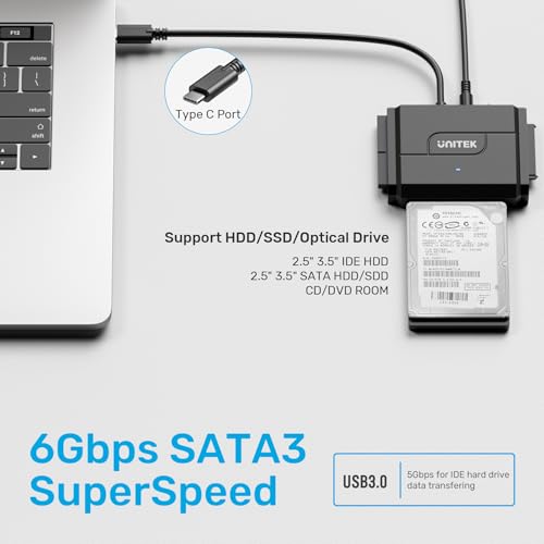 Unitek IDE/SATA USB-C 3.0 Adapter, Little Triangle, 10TB, 6Gbps, Tool-Free | Simultaneous 1 SATA + 1 IDE Access; For 2.5/3.5" IDE/SATA, Optical; Plug & Play, Hot-Swap, Auto Sleep; 12V Adapter Included - color: USB C