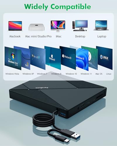 PeroBuno External CD DVD Drive, USB 3.0 Optical Disc Drive, 4 USB Ports and 2 TF/SD Card Slots, CD DVD Burner Writer Reader Player for Laptop MacBook iMac Desktop PC Windows 11/10/8/7/XP Linux Mac OS - color: Grid Black