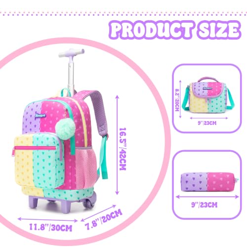 Girls Rolling Backpack with Lunch Box School Backpacks with Wheels 16.5" Roller Backpack for Girls, 3pcs Kids Wheeled Bookbag for Elementary School - color: Duoseaixin