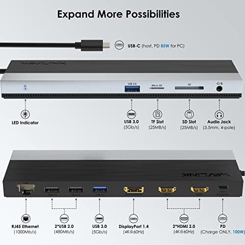 WAVLINK USB C Docking Station 3 Monitors for Windows with DP + 2X HDMI | USB-C Triple Display Laptop Dock with Dual 4K +1080P, PD 85W Charging, Gigabit Ethernet for Windows Laptop