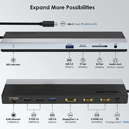 WAVLINK USB C Docking Station 3 Monitors for Windows with DP + 2X HDMI | USB-C Triple Display Laptop Dock with Dual 4K +1080P, PD 85W Charging, Gigabit Ethernet for Windows Laptop