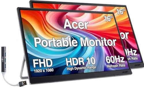Acer 16" Portable USB-C IPS Monitor w/ HDR10, Built-in Speakers, Mini HDMI | 6ms Response Time, Anti-Glare, 220 nits Brightness, & Dockztorm USB Port Expander, Black/Silver Color, 2 Pack - size: Two monitors