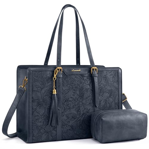 LOVEVOOK Laptop Bag for Women Vintage Leather Work Tote 15.6 inch Large Capacity Computer bag with Clutch Purse for Office, Travel, Casual - color: Embossed Navy, size: 15.6 inch