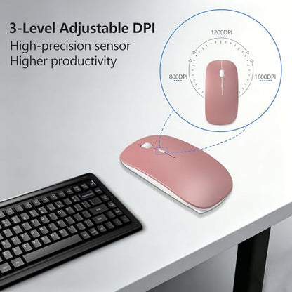Silent Bluetooth Wireless Mouse with Jiggler, Rechargeable Portable Mouse for MacBook, iPad, Laptop & PC, Dual Mode BT5.2 and 2.4G, USB-C/USB-A Receiver, Adjustable DPI Compact Travel Mouse -Rose Gold - color: Rose Gold