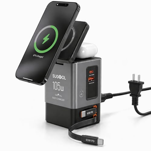105W Charging Station with Retractable Cables, 6-in-1 GaN Retractable Charger with Wall Plug, MagSafe Compatible Magnetic Pad, USB-C Fast Charging for iPhone, AirPods, MacBook