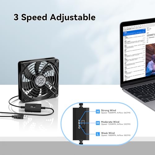ELUTENG 120mm USB Computer Fan, 5V PC Cooling Fan with 3 Adjustable Speeds | DC to USB Adapter, Metal Grill Fan for Laptop, PS5/PS4, TV Box, Router, AV Cabinet & Projector, Black