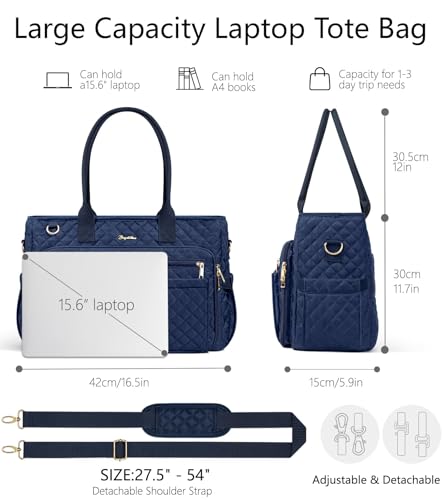 Bagstellar Teacher Tote Bag for Women, 15.6" Laptop Work Tote Computer Bag | Quilted Bible Nurse Bag with 40oz Cup Holder, Insulated Pocket & Strap, Large Laptop Briefcase for School Travel Office Gifts - color: Navy Blue