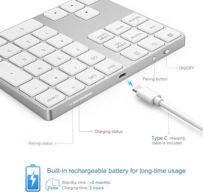 Lekvey Bluetooth Number Pad, Aluminum Rechargeable Wireless Numeric Keypad | Slim 34-Keys, External Numpad Keyboard, Data Entry for Laptop, MacBook, MacBook Air/Pro, iMac, Windows, Surface Pro - Silver - color: White and Silver