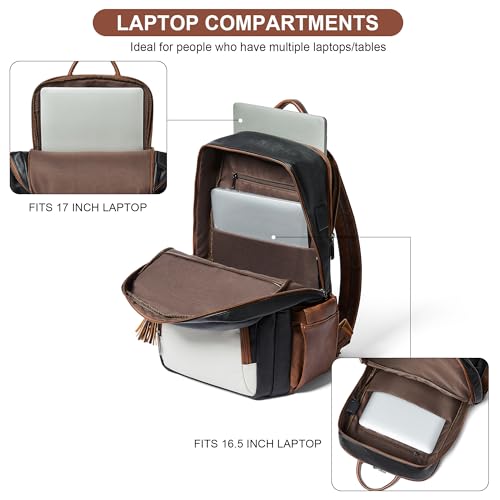 Shrrie 17 Inch Laptop Backpack for Women,Vegan Leather Backpack Purse,28L Work Business College Travel Computer Backpacks with Giant Tumbler Holder & USB Charger,Black and Beige with Caramel Brown - color: Black and Beige With Caramel Brown