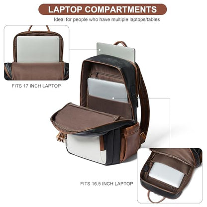 Shrrie 17 Inch Laptop Backpack for Women,Vegan Leather Backpack Purse,28L Work Business College Travel Computer Backpacks with Giant Tumbler Holder & USB Charger,Black and Beige with Caramel Brown - color: Black and Beige With Caramel Brown