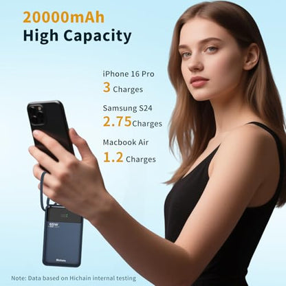 Hichain Laptop Power Bank 65W Portable Charger 20000mAh Blue | Fast Charging with USB C Cable, Phone Charger for iPhone 17/16/15/14/13 All Series/Samsung/Android, Camping Essential - color: Blue