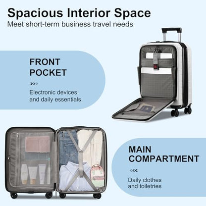 CENSIEN Expandable 20" Carry On Luggage Airline Approved with Front Pocket | Front Opening with Laptop Pocket,Lightweight ABS+PC Hard Shell Suitcases,360° Spinner Wheels,TSA Lock,YKK Zipper,White - color: White, size: 20 Inch EXT